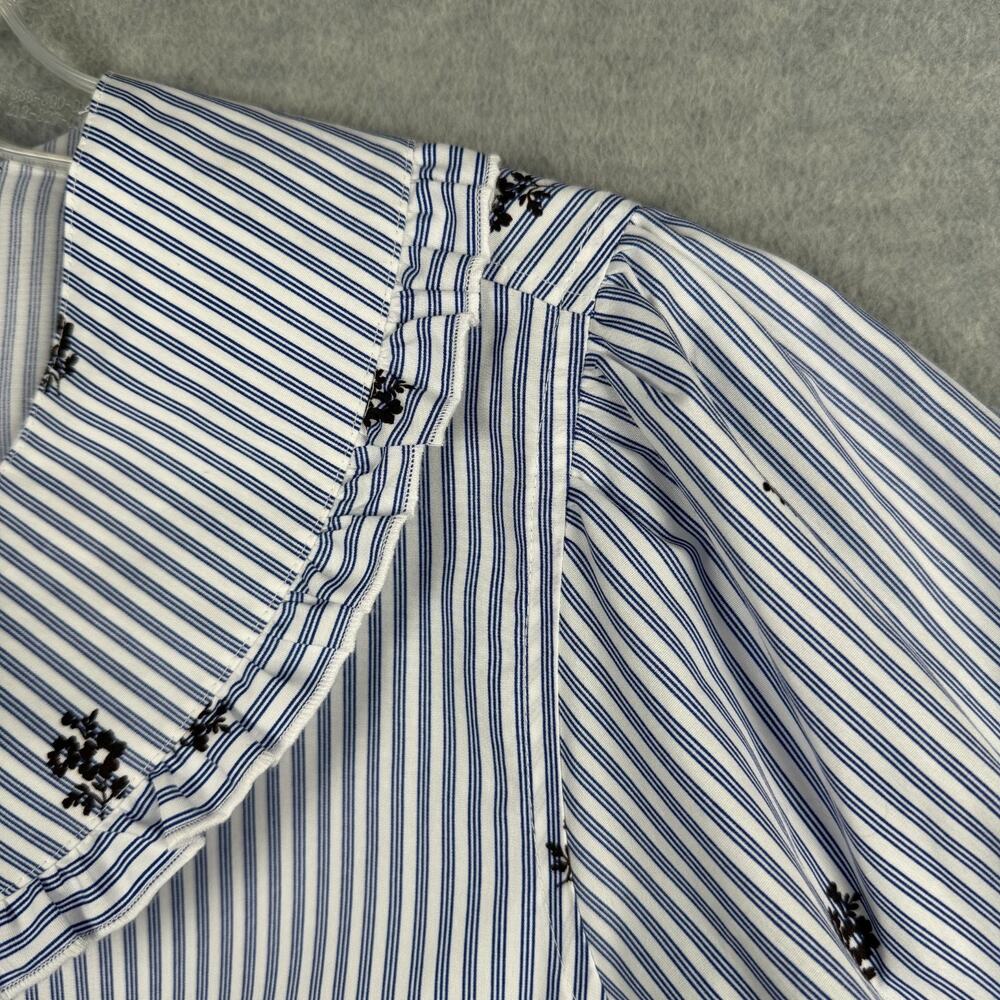 Lands End Women's L Cotton Puff Sleeve Statement Collar Shirt Blue White Stripe - Picture 7 of 15